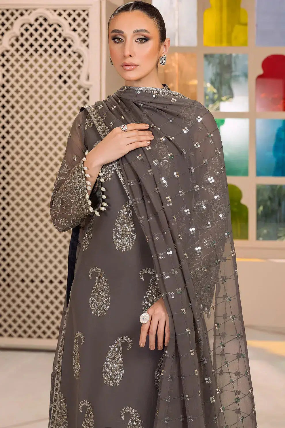 Alizeh | Dua Formals 23 | DUA-V01D06B- AMAYA ( GREY ) - Pakistani Designer Dress - by Alizeh | Type: Formal - 100% Original at Saira Sultan