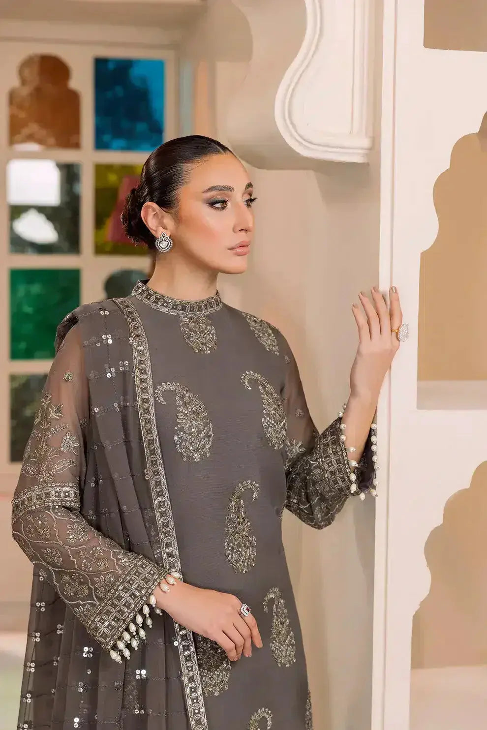 Alizeh | Dua Formals 23 | DUA-V01D06B- AMAYA ( GREY ) - Pakistani Designer Dress - by Alizeh | Type: Formal - 100% Original at Saira Sultan