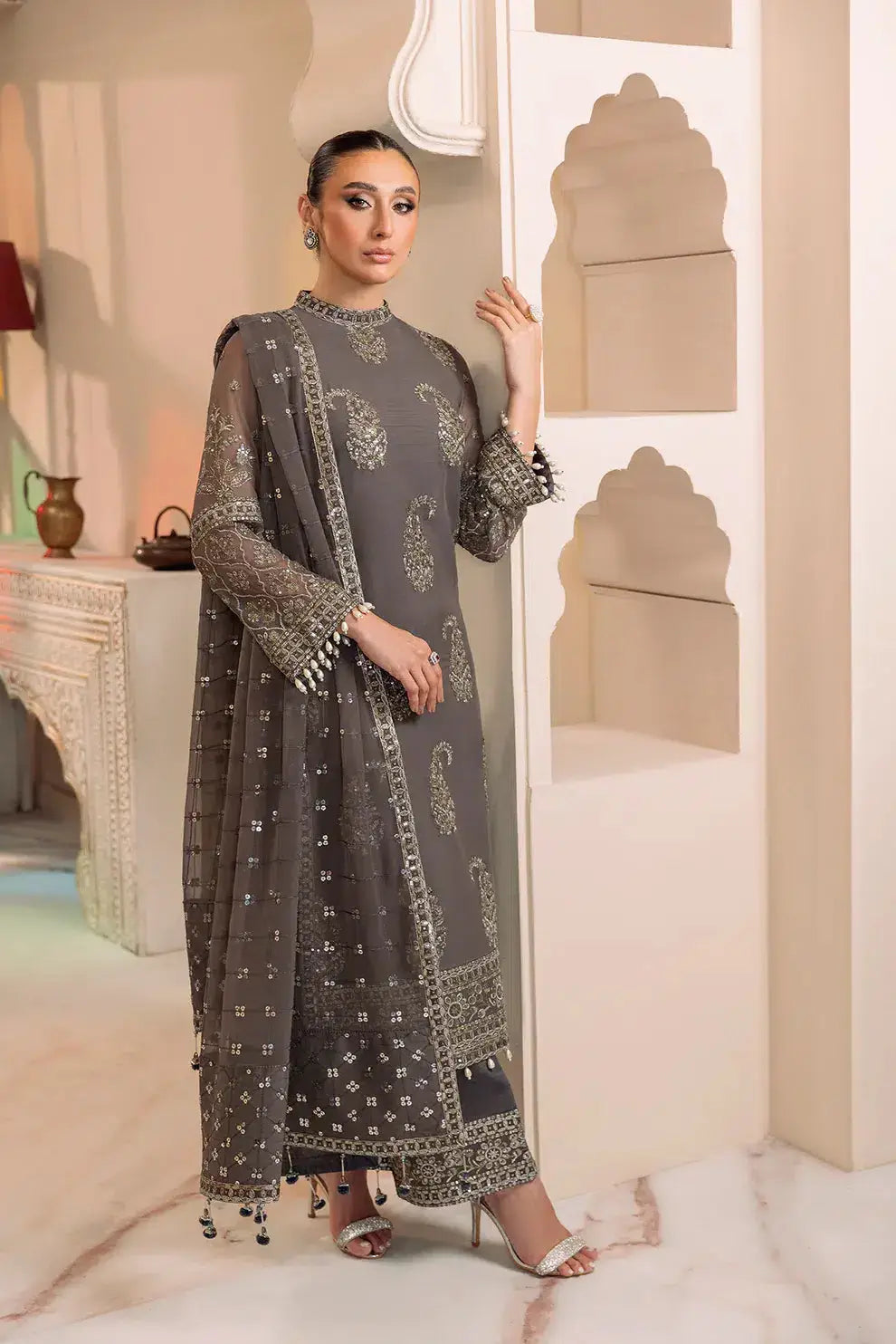 Alizeh | Dua Formals 23 | DUA-V01D06B- AMAYA ( GREY ) - Pakistani Designer Dress - by Alizeh | Type: Formal - 100% Original at Saira Sultan