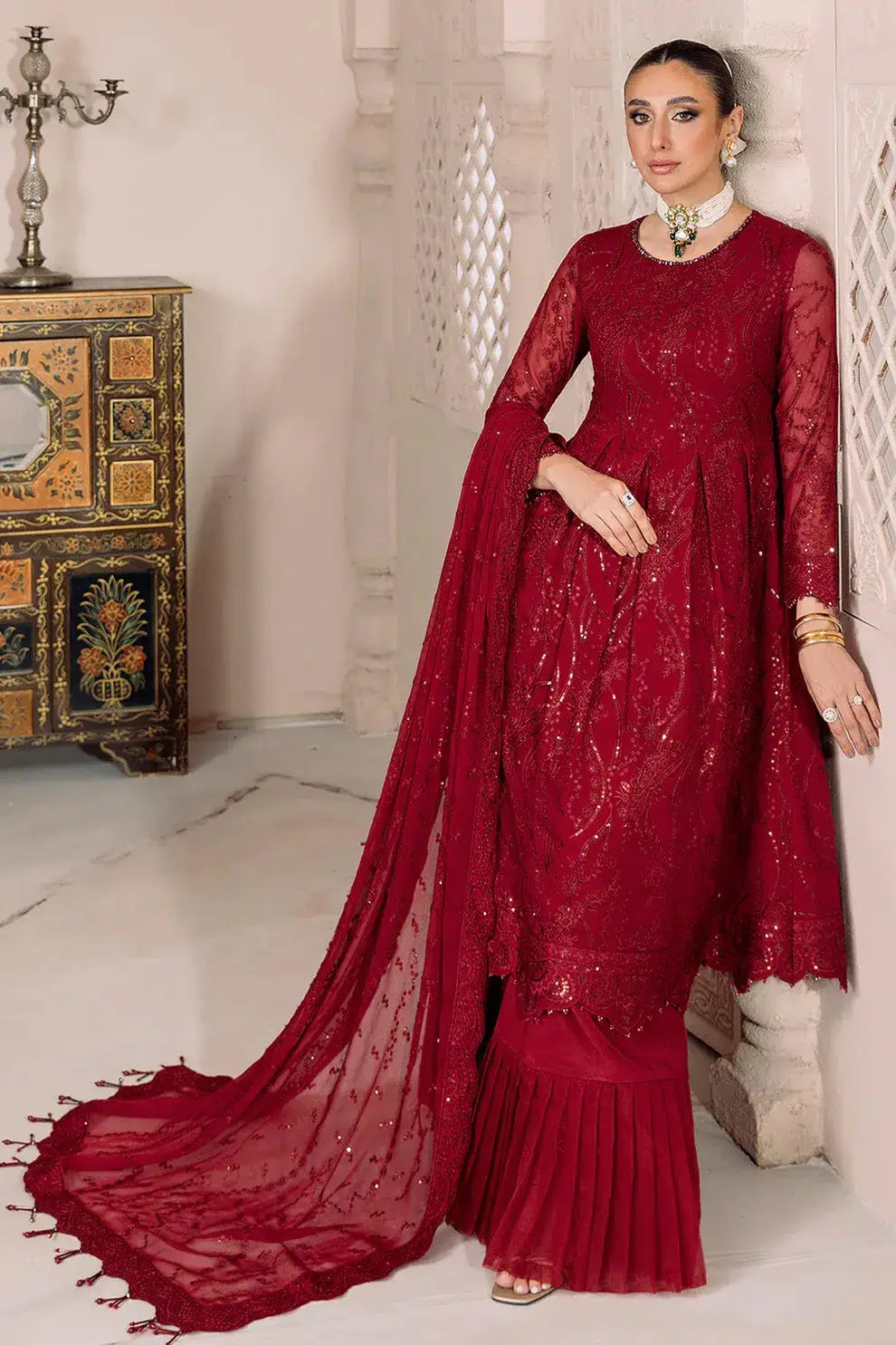 Alizeh | Dua Formals 23 | DUA-V01D03B- SYLVI ( RED ) - Pakistani Designer Dress - by Alizeh | Type: Formal - 100% Original at Saira Sultan