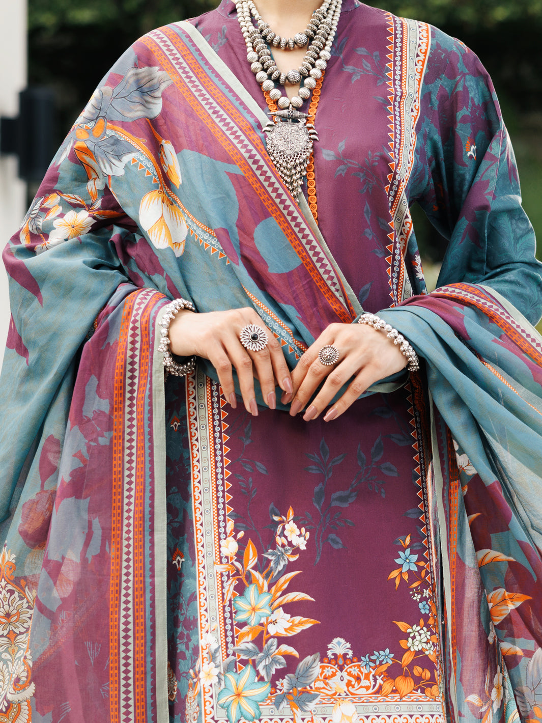 Almirah | Traditional Tale | ALP-3PS-2119 M Teal Blue Lawn