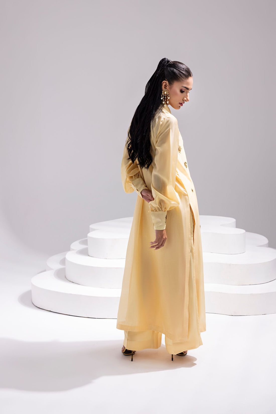 Amani | Aira Festive Wear | ALARA- Hand Embellished Butter Silk Shirt with Wide-Leg Trousers - Pakistani Designer Dress - by Amani - Type : Ladies Clothes - 100% Original at Saira Sultan