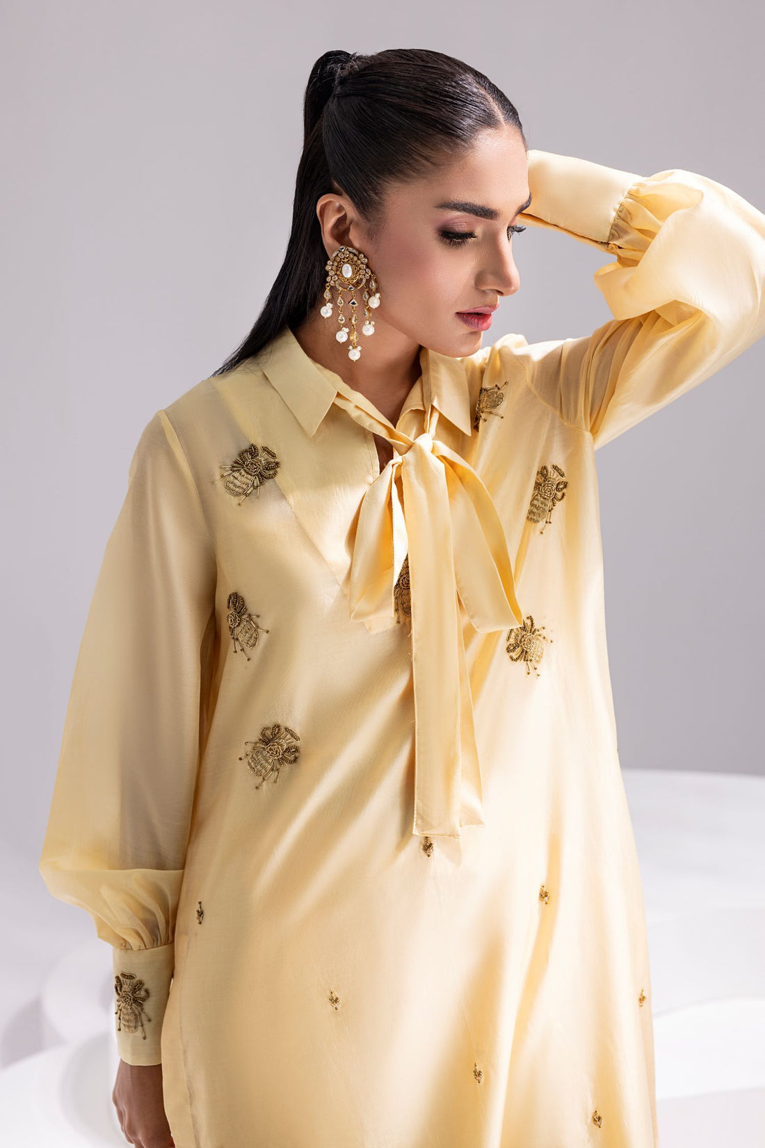 Amani | Aira Festive Wear | ALARA- Hand Embellished Butter Silk Shirt with Wide-Leg Trousers - Pakistani Designer Dress - by Amani - Type : Ladies Clothes - 100% Original at Saira Sultan