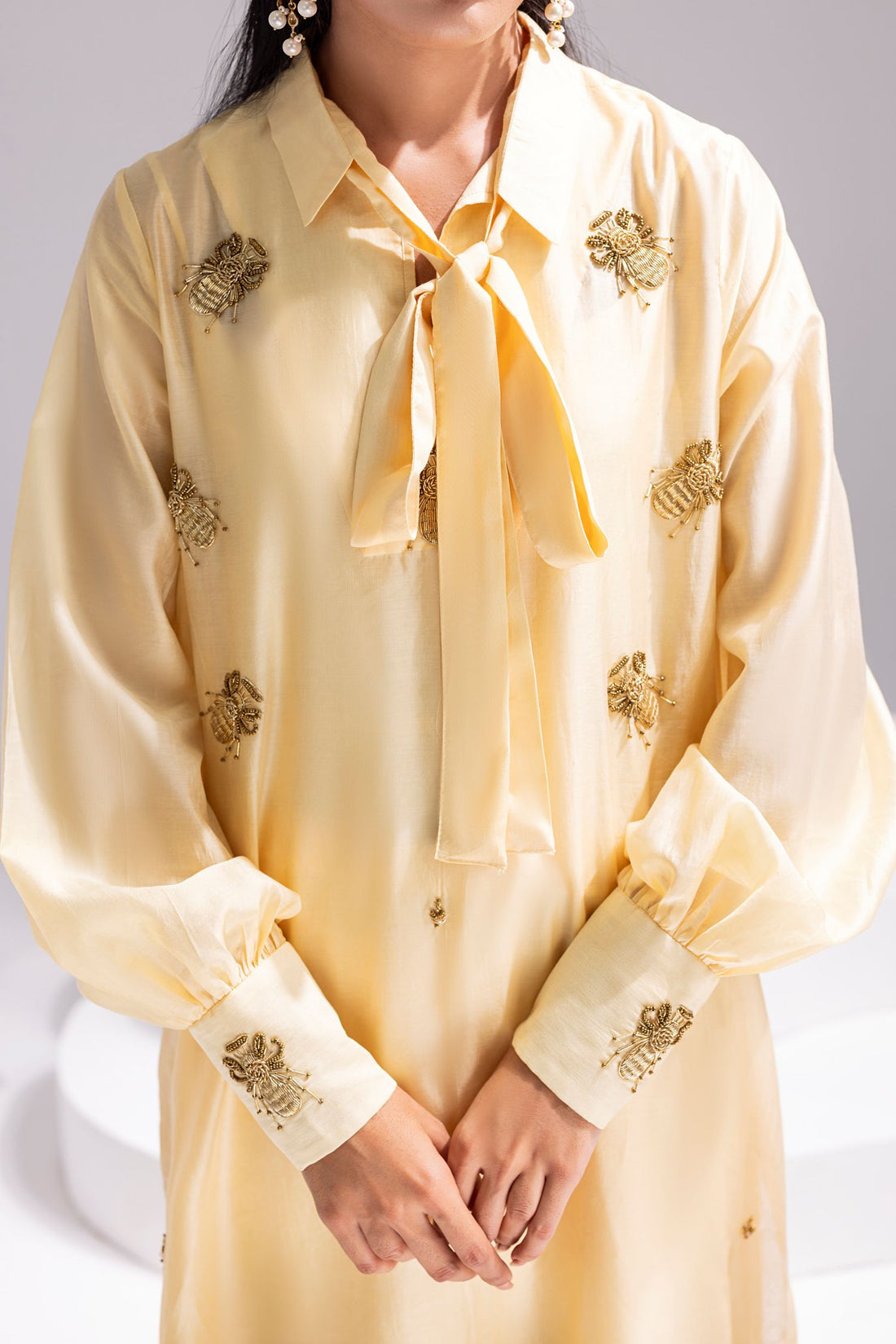 Amani | Aira Festive Wear | ALARA- Hand Embellished Butter Silk Shirt with Wide-Leg Trousers - Pakistani Designer Dress - by Amani - Type : Ladies Clothes - 100% Original at Saira Sultan