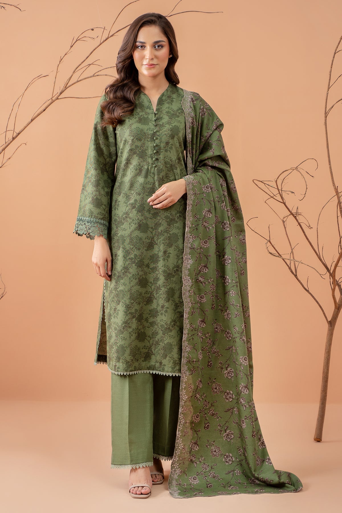 Kayseria | Winter Khaddar 24 | C6070-A XS Sage Green Slub Khaddar