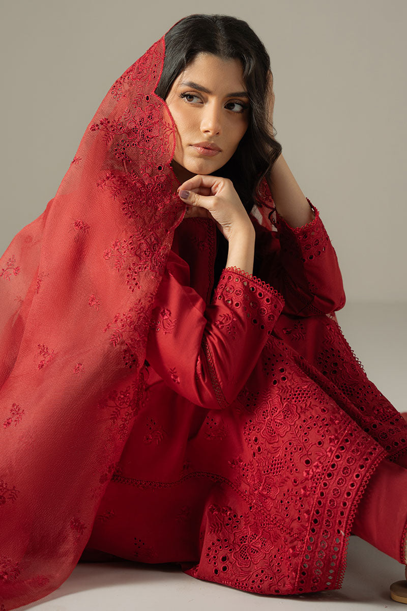 Cross Stitch | Chikankari Lawn 25 | CARMINE GRIS Custom Size Red Lawn