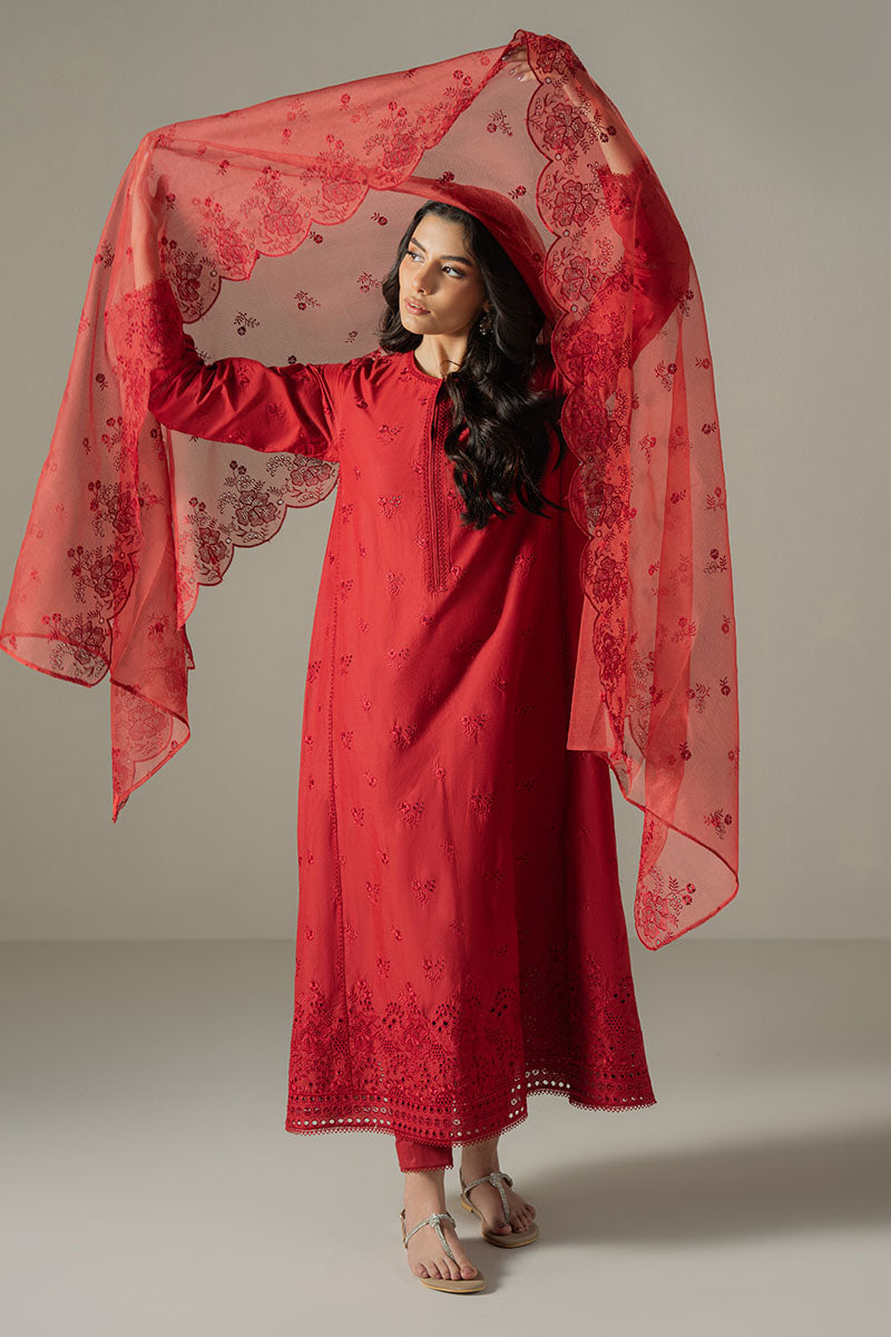 Cross Stitch | Chikankari Lawn 25 | CARMINE GRIS S Red Lawn