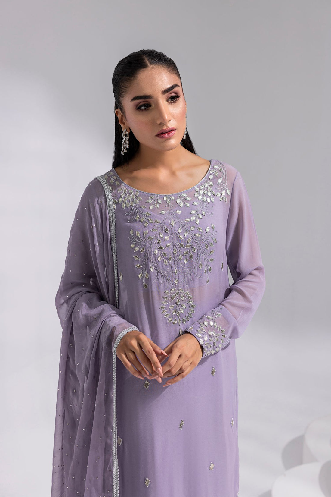 Amani | Aira Festive Wear | ZARIN Gota Embellished Georgette Shirt with Wide-Leg Pants & Mukesh Dupatta - Pakistani Designer Dress - by Amani - Type : Ladies Clothes - 100% Original at Saira Sultan