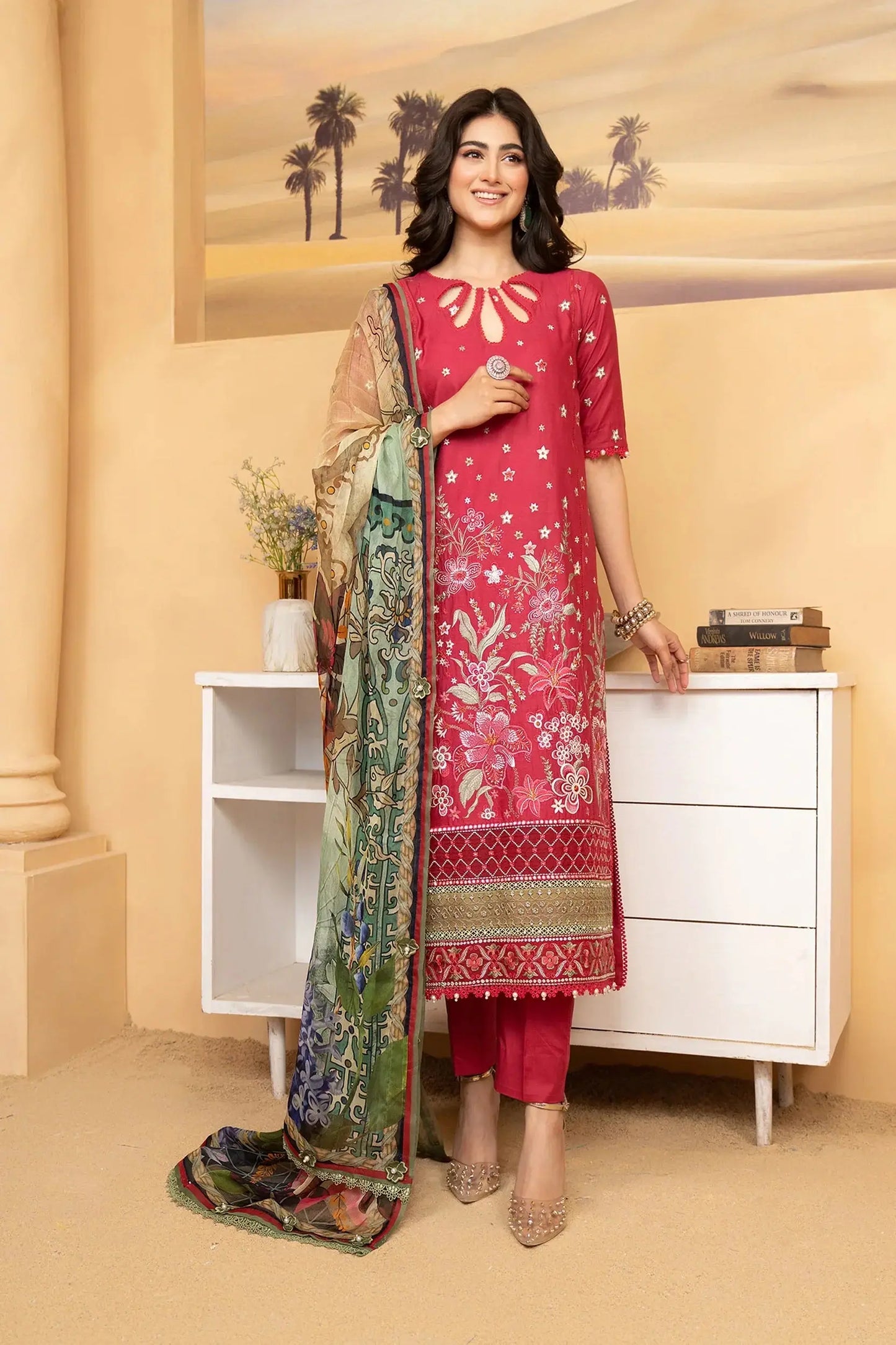 Hemstitch | Summer Luxury Lawn 24 | Scarlet Red - Pakistani Designer Dress - by Hemstitch | Type: Luxury - 100% Original at Saira Sultan