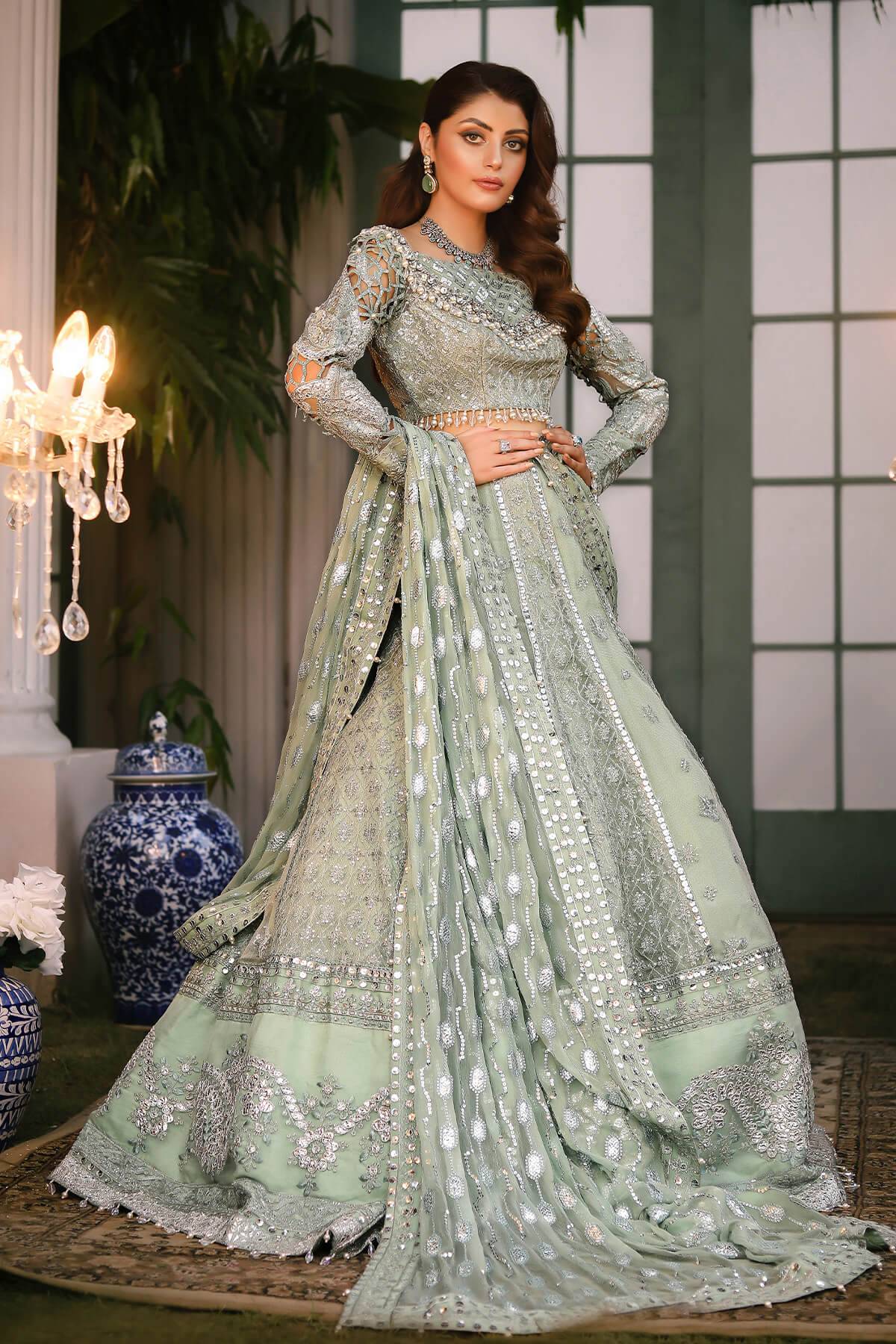 Raeesa Premium | Wajadan Wedding Formals | WD-2 Pea Green - Pakistani Designer Dress - by Raeesa Premium | Type: Bridal - 100% Original at Saira Sultan