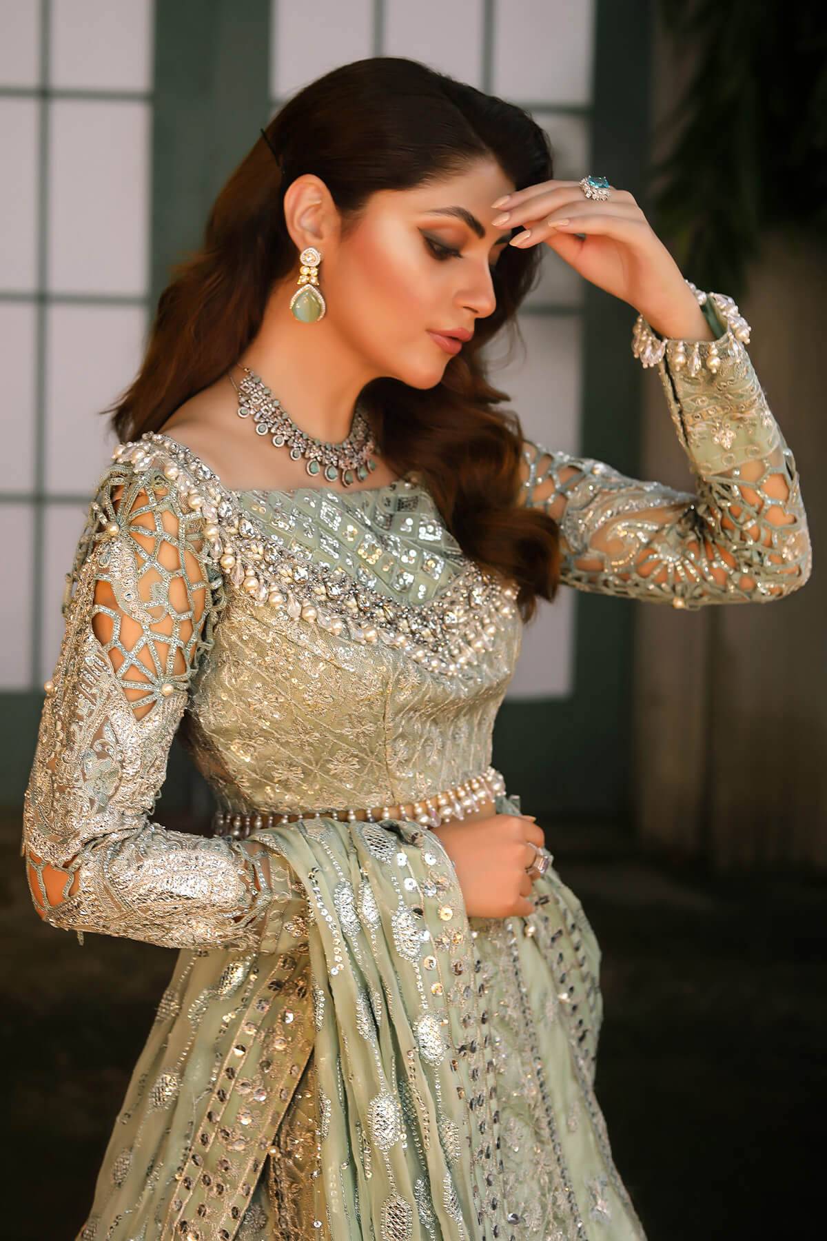 Raeesa Premium | Wajadan Wedding Formals | WD-2 Pea Green - Pakistani Designer Dress - by Raeesa Premium | Type: Bridal - 100% Original at Saira Sultan