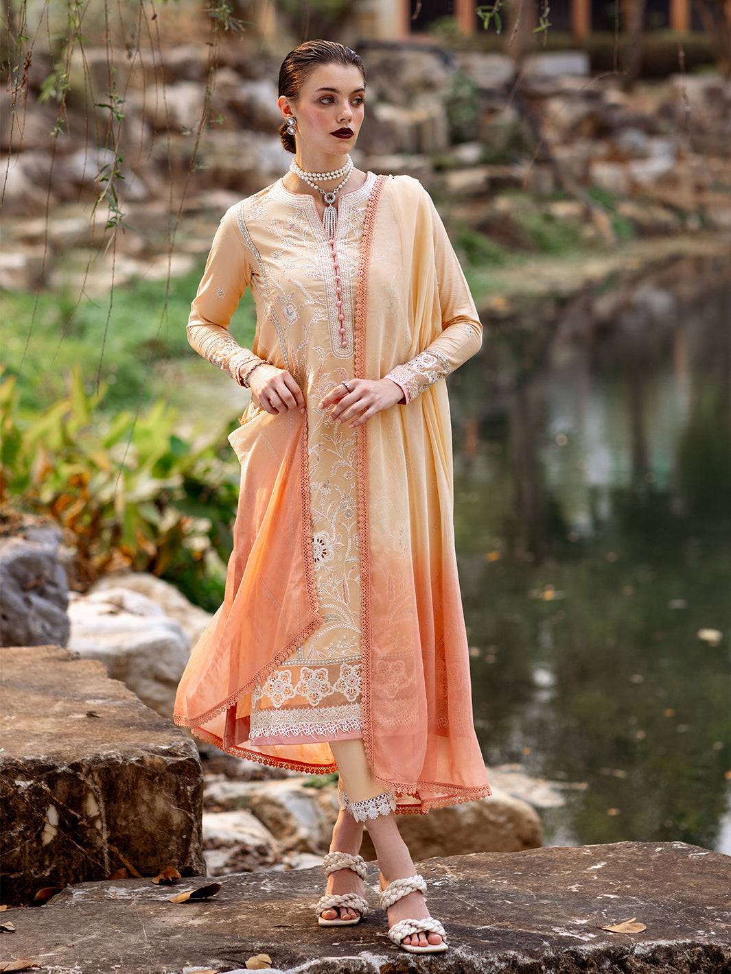 Roheenaz | Dahlia Embroidered Lawn 24 | Magnolia - Pakistani Designer Dress - by Roheenaz | Type: Luxury - 100% Original at Saira Sultan