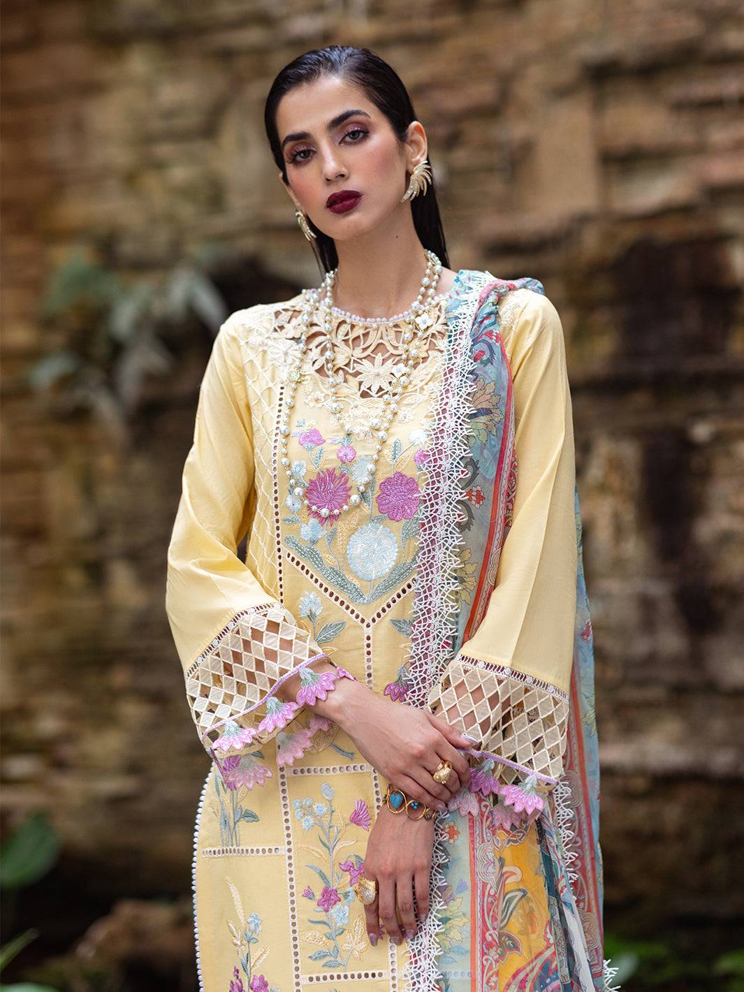 Roheenaz | Dahlia Embroidered Lawn 24 | Daffodil - Pakistani Designer Dress - by Roheenaz | Type: Luxury - 100% Original at Saira Sultan