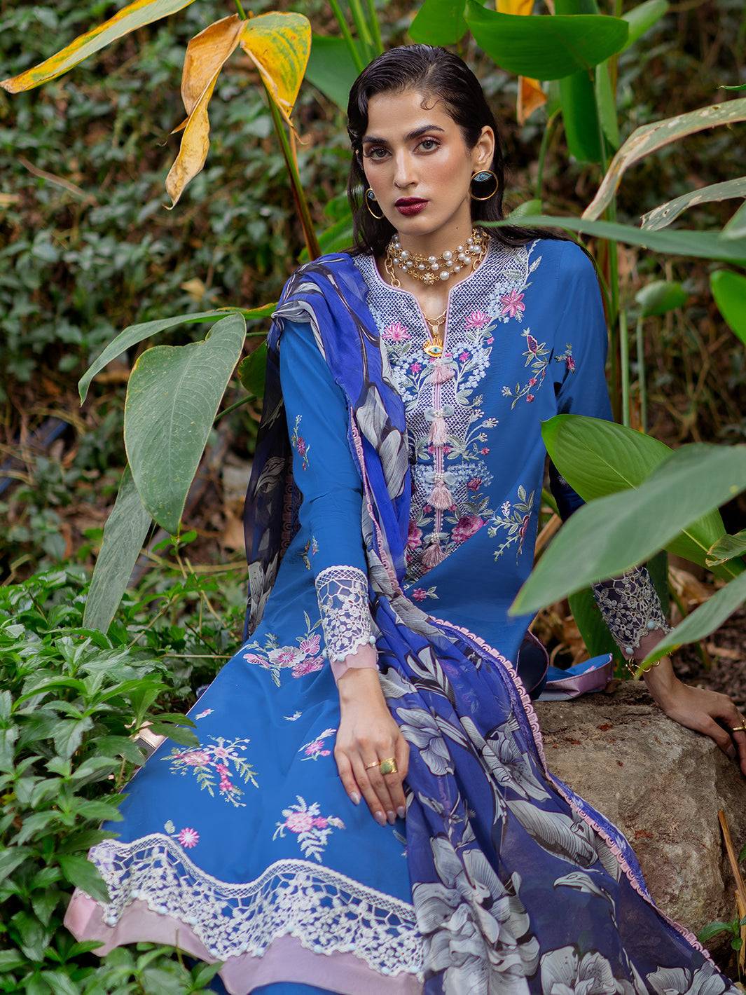Roheenaz | Dahlia Embroidered Lawn 24 | Bluebell - Pakistani Designer Dress - by Roheenaz | Type: Luxury - 100% Original at Saira Sultan