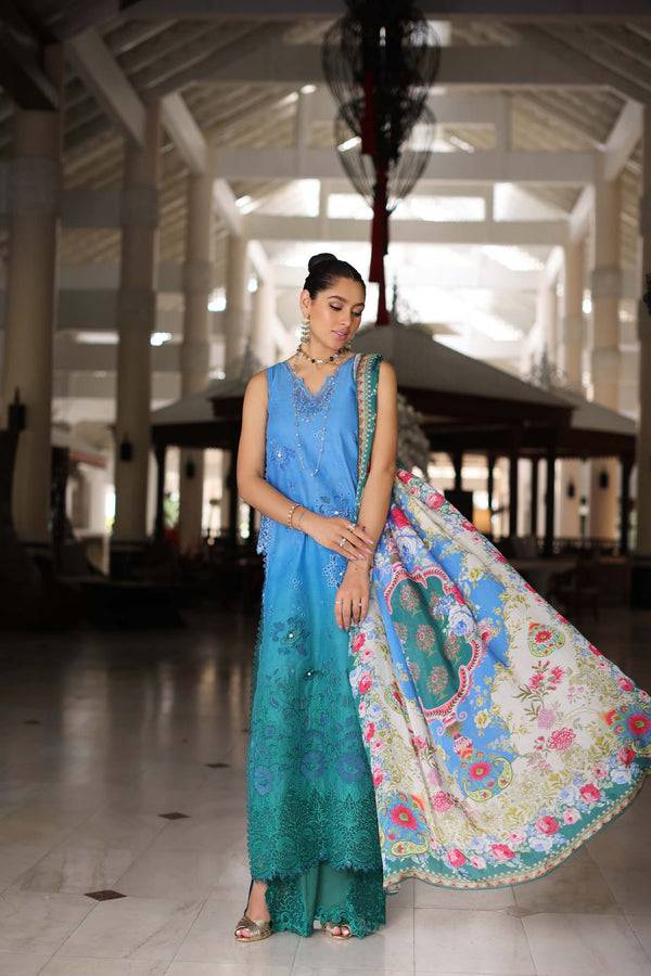 Noor by Saadia Asad | Luxury Chikankari Lawn24 | D5-B Blue Ombre - Pakistani Designer Dress - by Noor by Saadia Asad | Type: Luxury - 100% Original at Saira Sultan