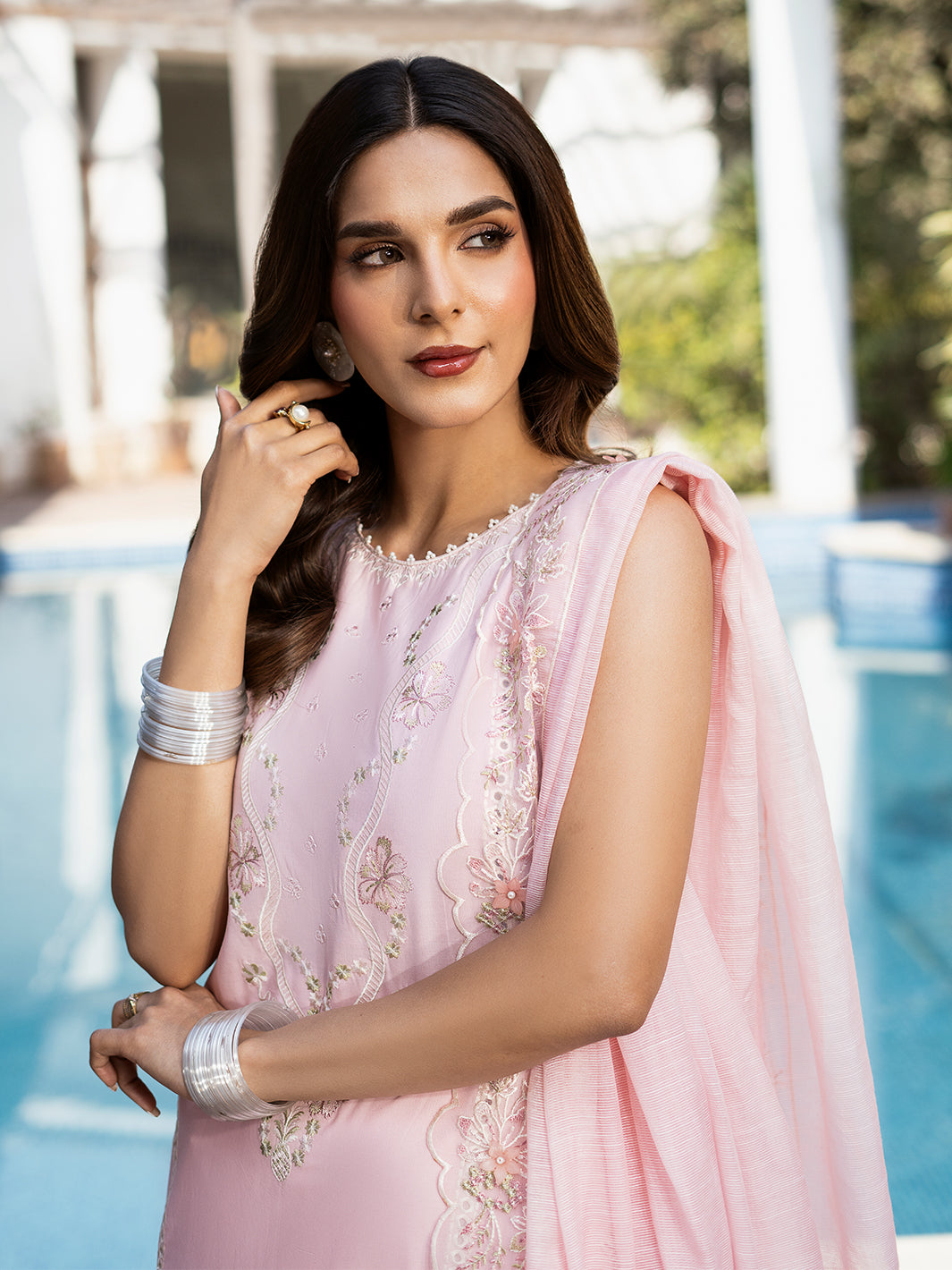 Izel | Mahveen Festive Lawn 25 | SAFA L Powder Pink Lawn