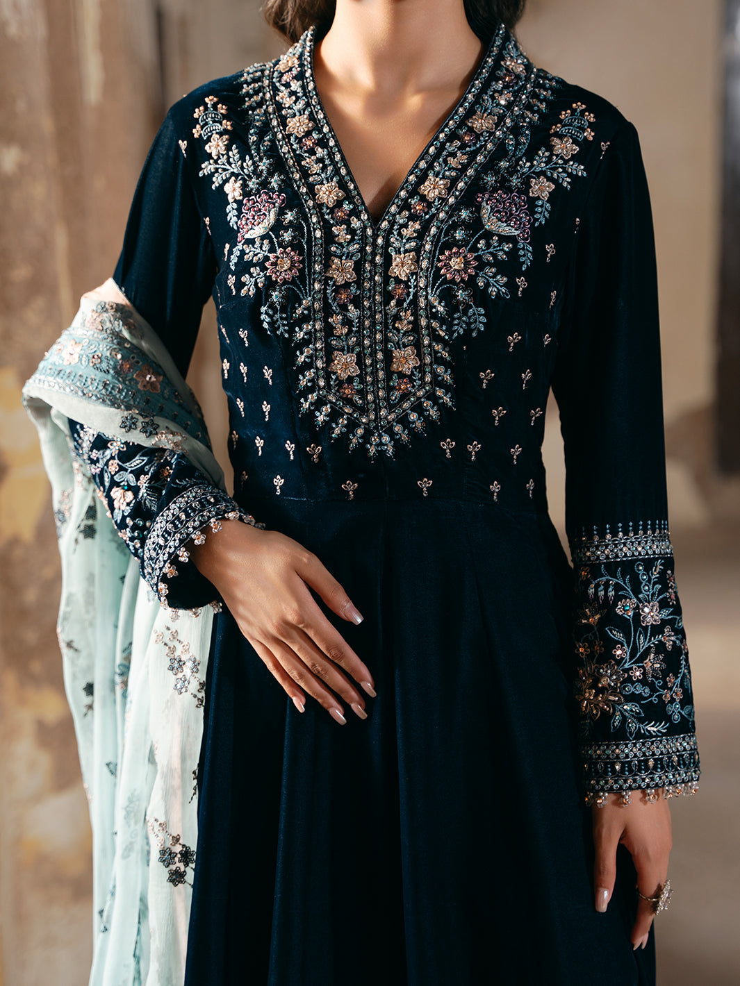 Flossie | Siara Velvet Formals | V-101 L Teal Blue Velvet