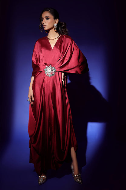 Wardha Saleem | Luxury Pret Fusion Wear | VEGA DRAPE (2PC) XS Electric Red Crepe Silk