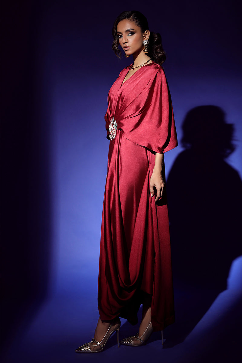 Wardha Saleem | Luxury Pret Fusion Wear | VEGA DRAPE (2PC) M Electric Red Crepe Silk