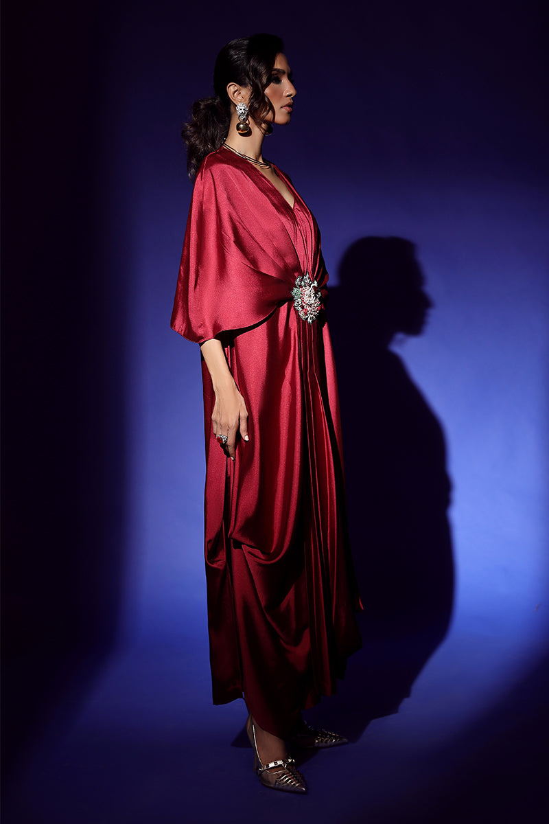 Wardha Saleem | Luxury Pret Fusion Wear | VEGA DRAPE (2PC) XL Electric Red Crepe Silk