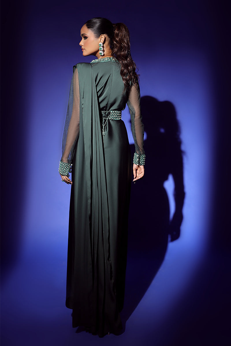 Wardha Saleem | Luxury Pret Fusion Wear | ZEPHYR SAREE DRAPE WITH BELT (2PC) S Bottle Green Shamoz Silk