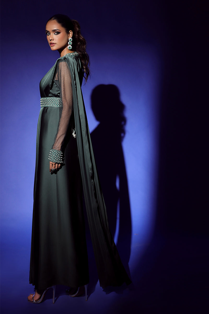 Wardha Saleem | Luxury Pret Fusion Wear | ZEPHYR SAREE DRAPE WITH BELT (2PC) XL Bottle Green Shamoz Silk