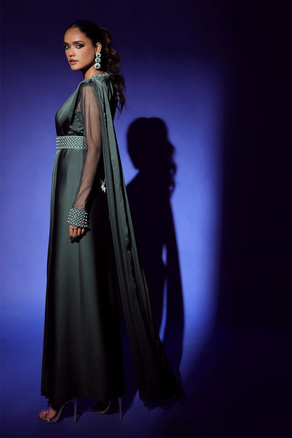 Wardha Saleem | Luxury Pret Fusion Wear | ZEPHYR SAREE DRAPE WITH BELT (2PC) XL Bottle Green Shamoz Silk