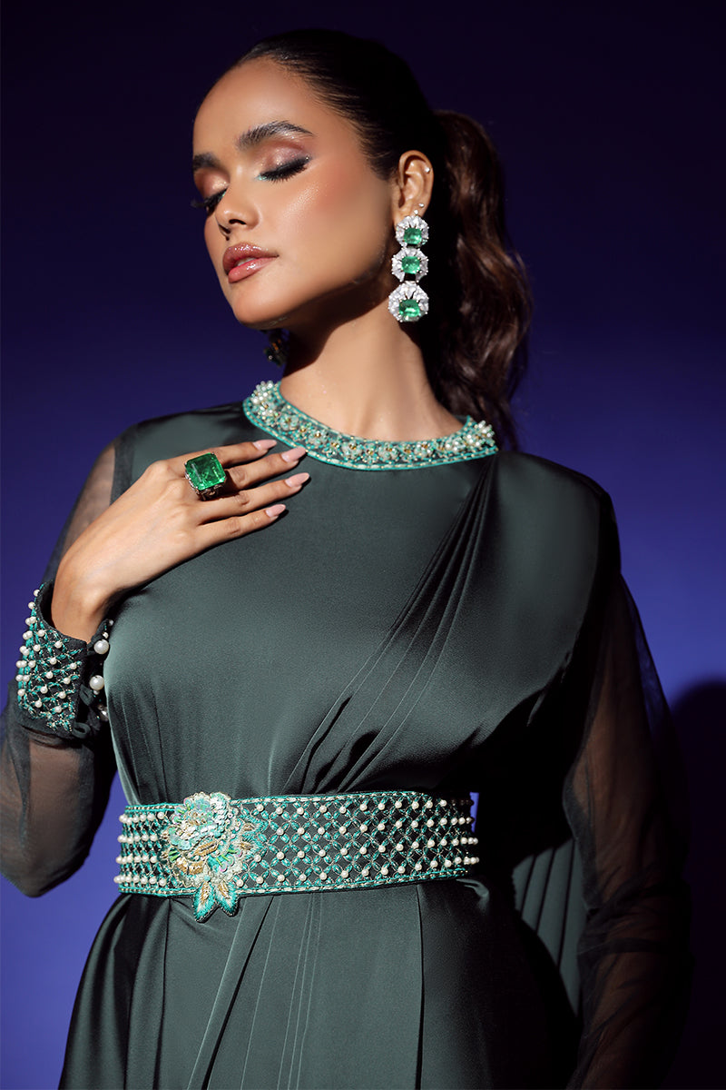 Wardha Saleem | Luxury Pret Fusion Wear | ZEPHYR SAREE DRAPE WITH BELT (2PC) M Bottle Green Shamoz Silk