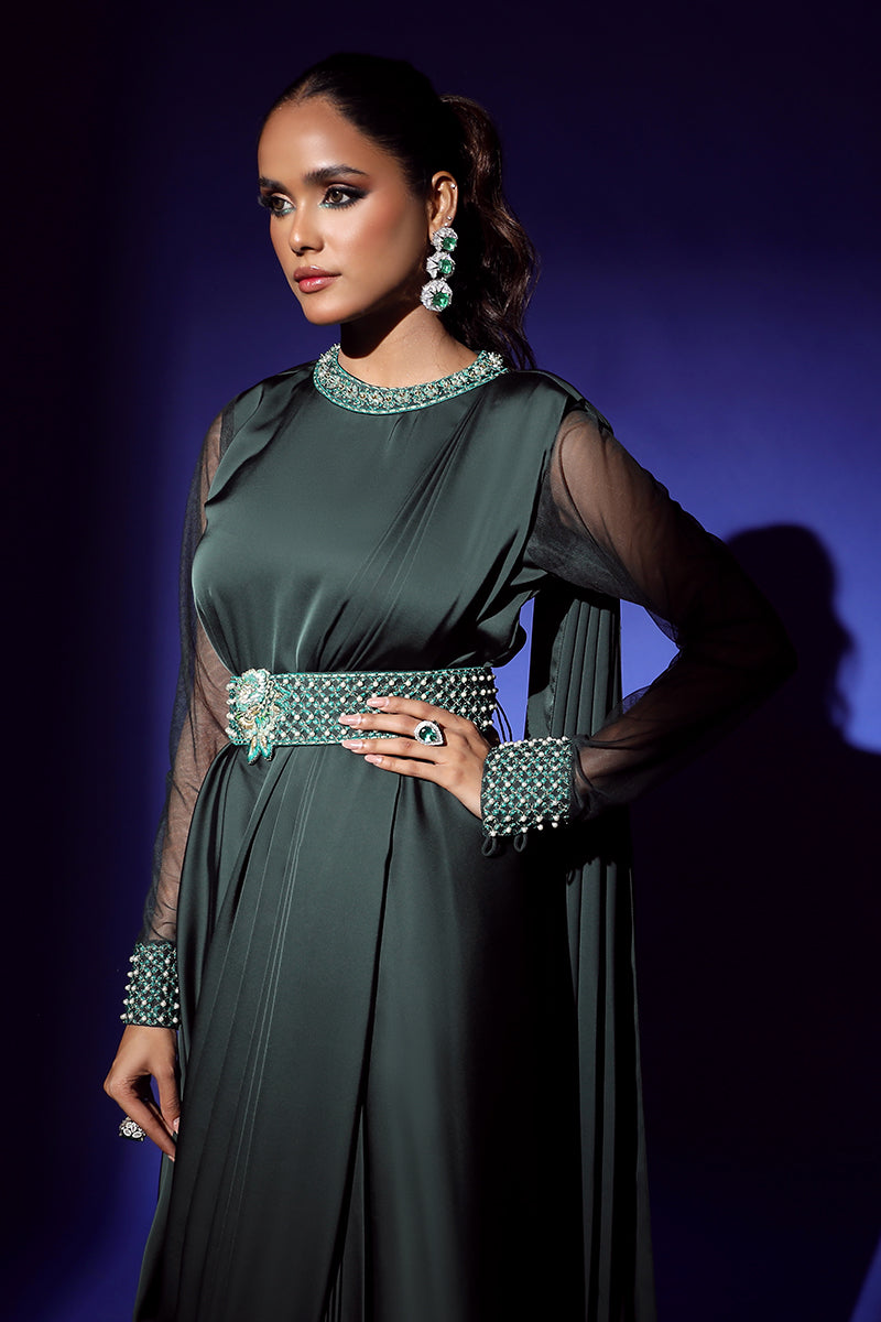 Wardha Saleem | Luxury Pret Fusion Wear | ZEPHYR SAREE DRAPE WITH BELT (2PC) L Bottle Green Shamoz Silk