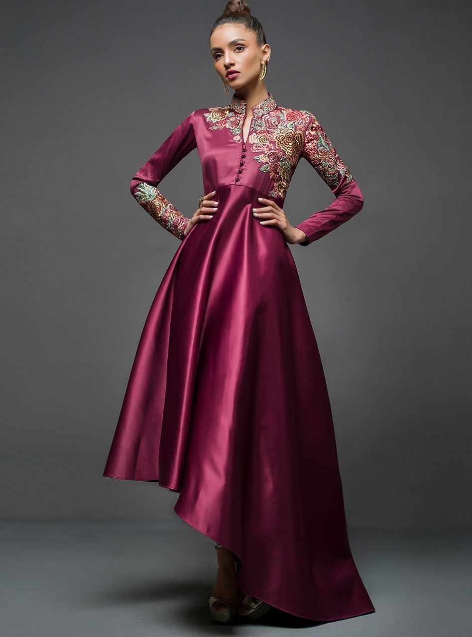 Zainab Chottani | Semi Formals | MAROON GOWN ASYMMETRICAL - Pakistani Designer Dress - by Zainab Chottani | Type: Ladies Clothes - 100% Original at Saira Sultan
