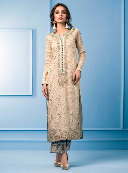 Zainab Chottani | Semi Formals | BEIGE AND TURQUOISE - Pakistani Designer Dress - by Zainab Chottani | Type: Formal - 100% Original at Saira Sultan