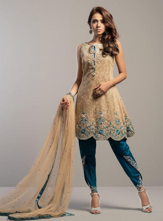 Zainab Chottani | Semi Formals | BEIGE GOLD WITH TEAL DRESS - Pakistani Designer Dress - by Zainab Chottani | Type: Formal - 100% Original at Saira Sultan