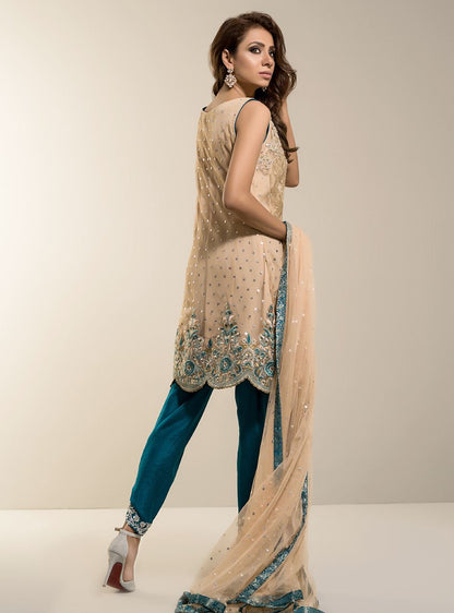 Zainab Chottani | Semi Formals | BEIGE GOLD WITH TEAL DRESS - Pakistani Designer Dress - by Zainab Chottani | Type: Formal - 100% Original at Saira Sultan