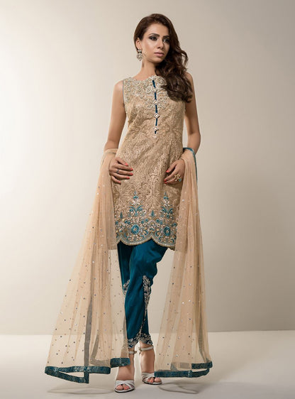 Zainab Chottani | Semi Formals | BEIGE GOLD WITH TEAL DRESS - Pakistani Designer Dress - by Zainab Chottani | Type: Formal - 100% Original at Saira Sultan