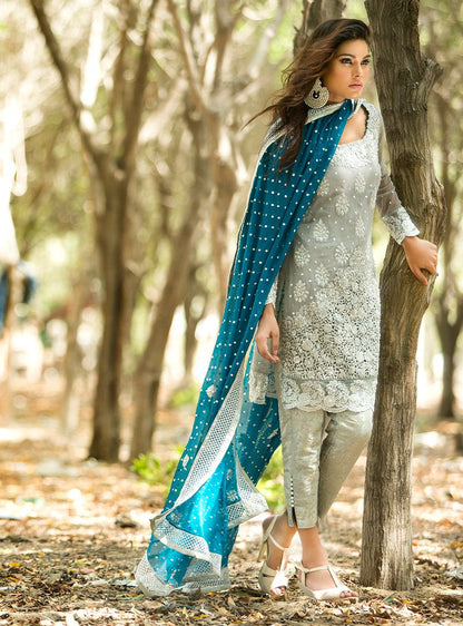 Zainab Chottani | Semi Formals | SILVER AND TEAL DRESS - Pakistani Designer Dress - by Zainab Chottani | Type: Ladies Clothes - 100% Original at Saira Sultan