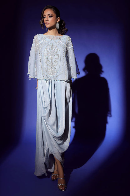 Wardha Saleem | Luxury Pret Fusion Wear | AURA CAPE WITH DRAPE (2PC) XS Ice Blue Net