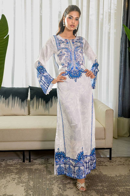 Fatima Khan | Eid Digital Silk Prints | White Opal - Pakistani Designer Dress - by Hoorain Designer Wear | Type:  - 100% Original at Saira Sultan
