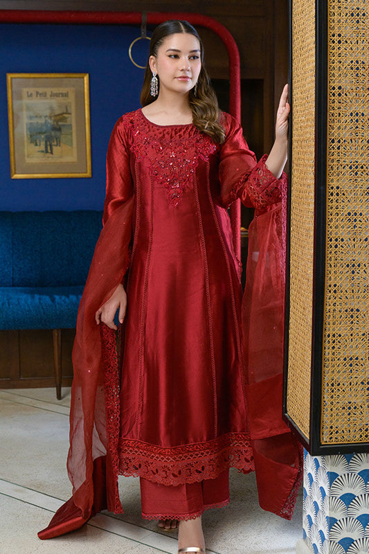 Fatima Khan | La Fleur Eid Edit | Scarlet XS Deep Red Cotton Silk