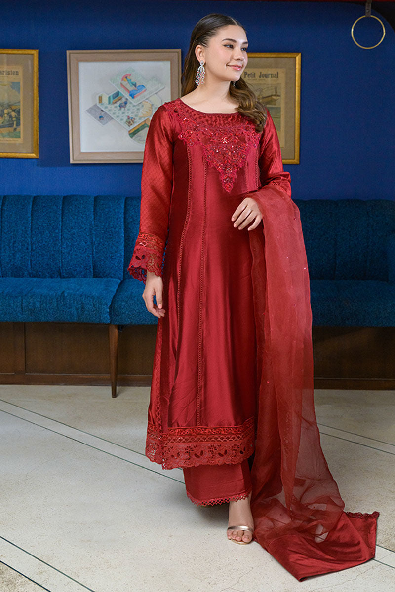 Fatima Khan | La Fleur Eid Edit | Scarlet S Deep Red Cotton Silk