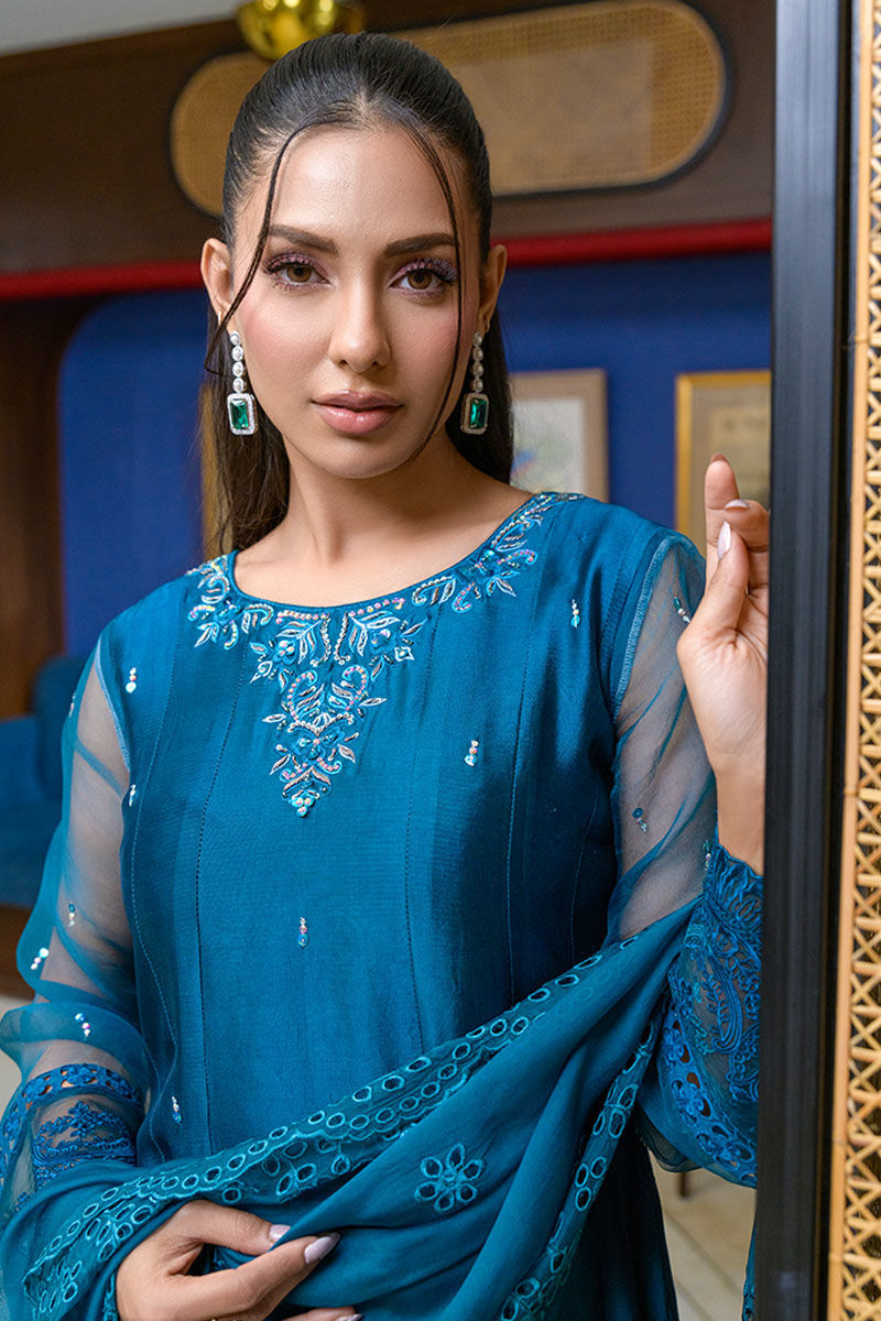 Fatima Khan | La Fleur Eid Edit | Azure Jade M Peacock Blue Pure Sheesha Silk