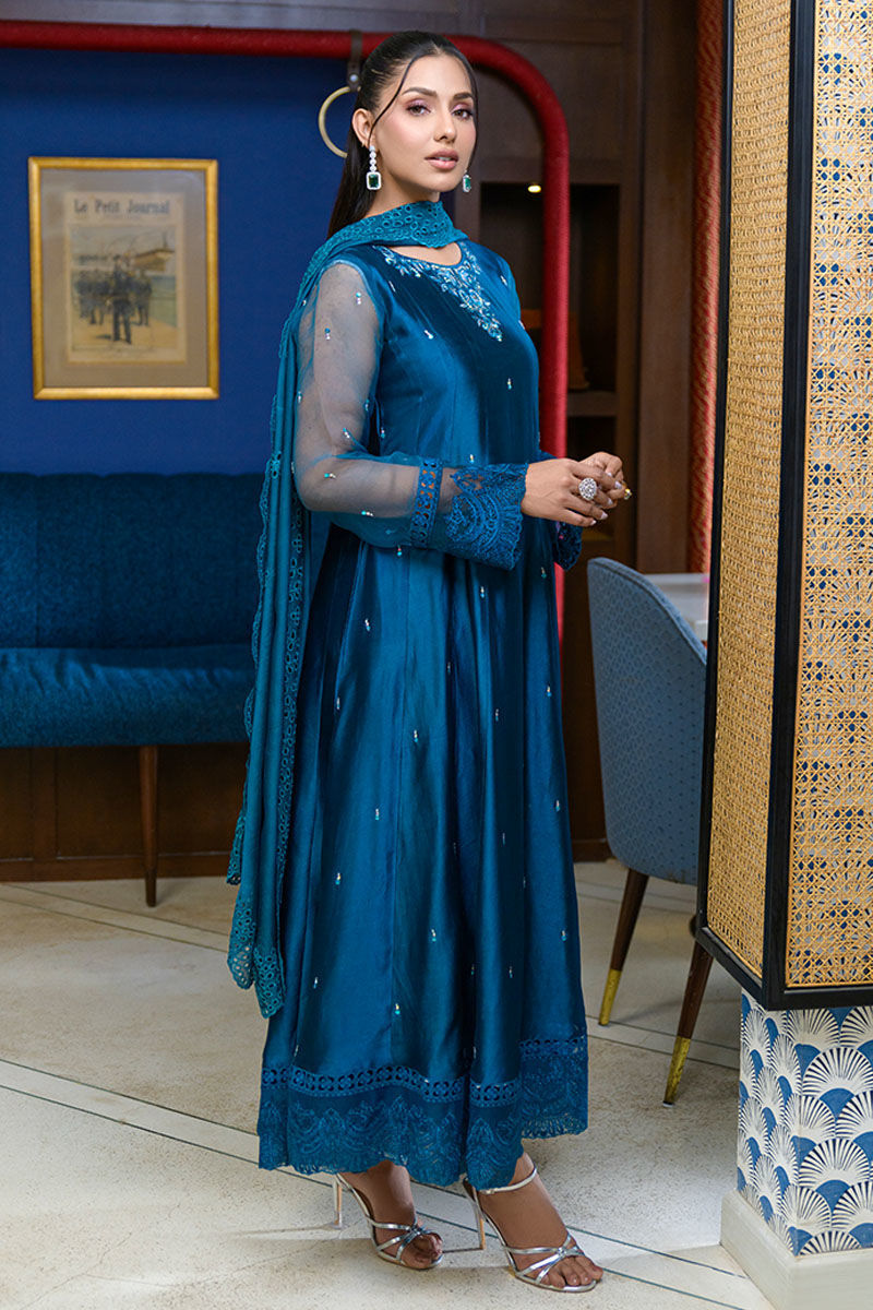Fatima Khan | La Fleur Eid Edit | Azure Jade S Peacock Blue Pure Sheesha Silk