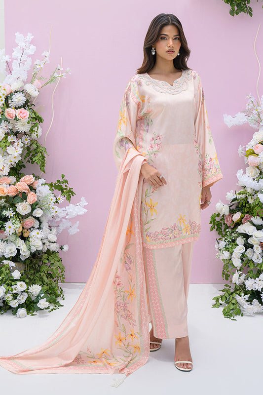 Fatima Khan | Eid Digital Silk Prints | Peach Blossoms XS Pale Peach Silk