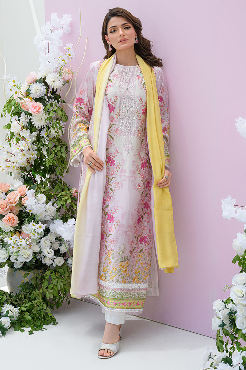 Fatima Khan | Eid Digital Silk Prints | Rose Reverie L Off White Silk