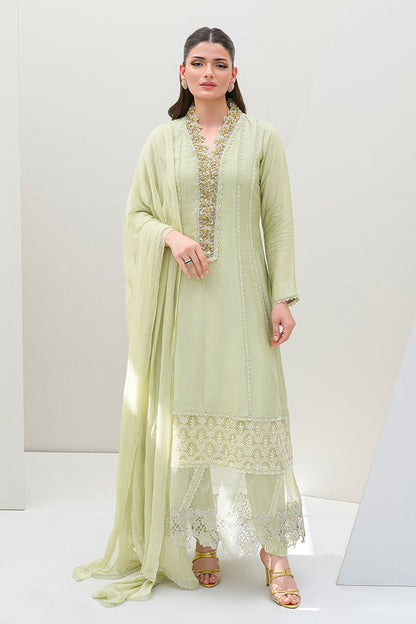 Fatima Khan | Serene Eid Luxe Pret | Honeydew Hue XS Tea Green Khaddi Net