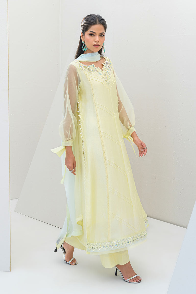 Fatima Khan | Serene Eid Luxe Pret | Lemon Love S Lemon Yellow Sheesha Silk
