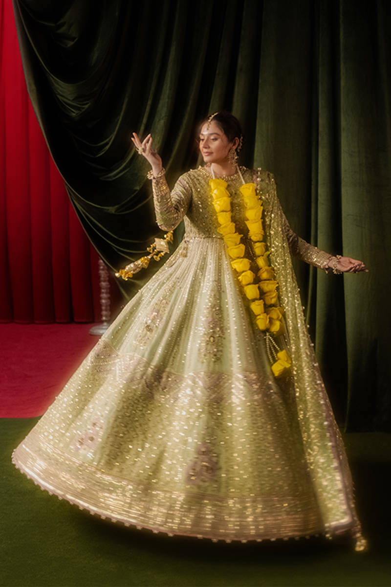 MNR | Zarlish Festive Formals | Mastani Custom Size Pistachio Green Indian Silk