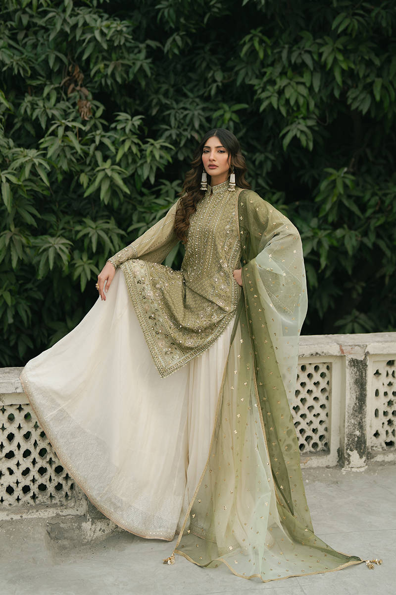 MNR | Ashiyana Festive Eid Collection 25 | Ayzal L Olive Cotton Net