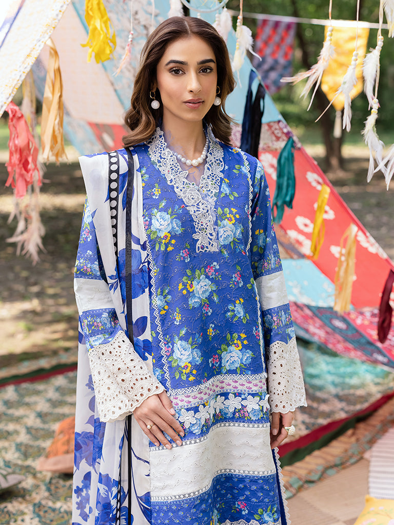 Rajbari | Schiffli Printkari Exclusive | Schiffli Printkari - 06 M Peacock Blue Lawn