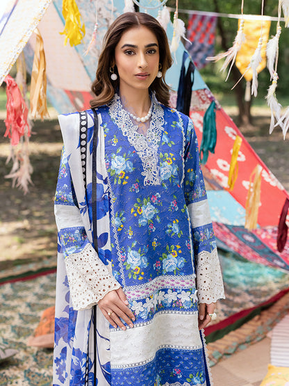 Rajbari | Schiffli Printkari Exclusive | Schiffli Printkari - 06 M Peacock Blue Lawn