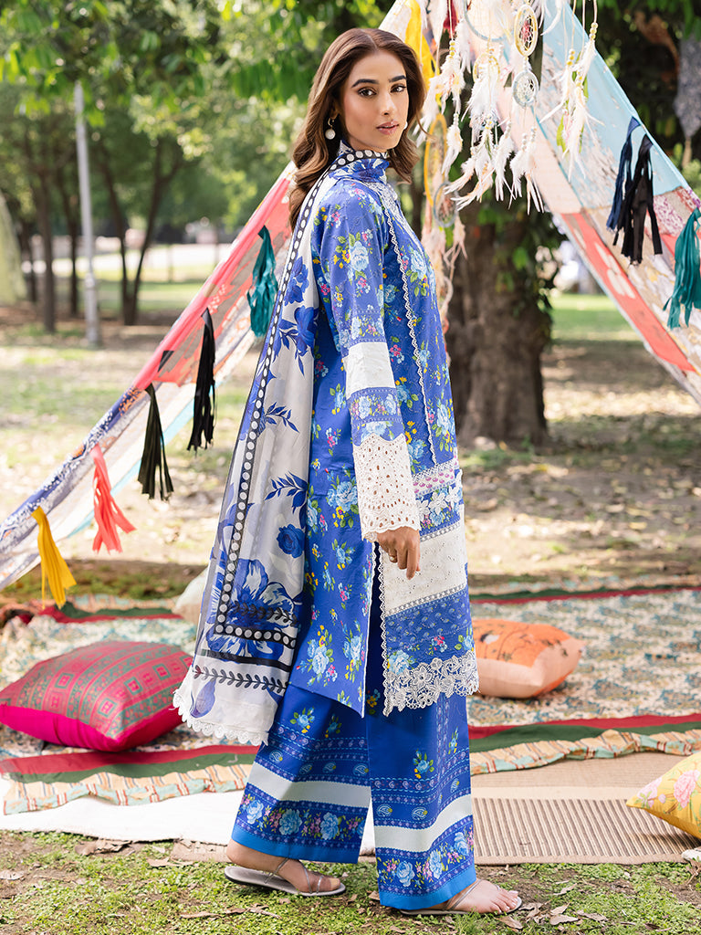 Rajbari | Schiffli Printkari Exclusive | Schiffli Printkari - 06 S Peacock Blue Lawn